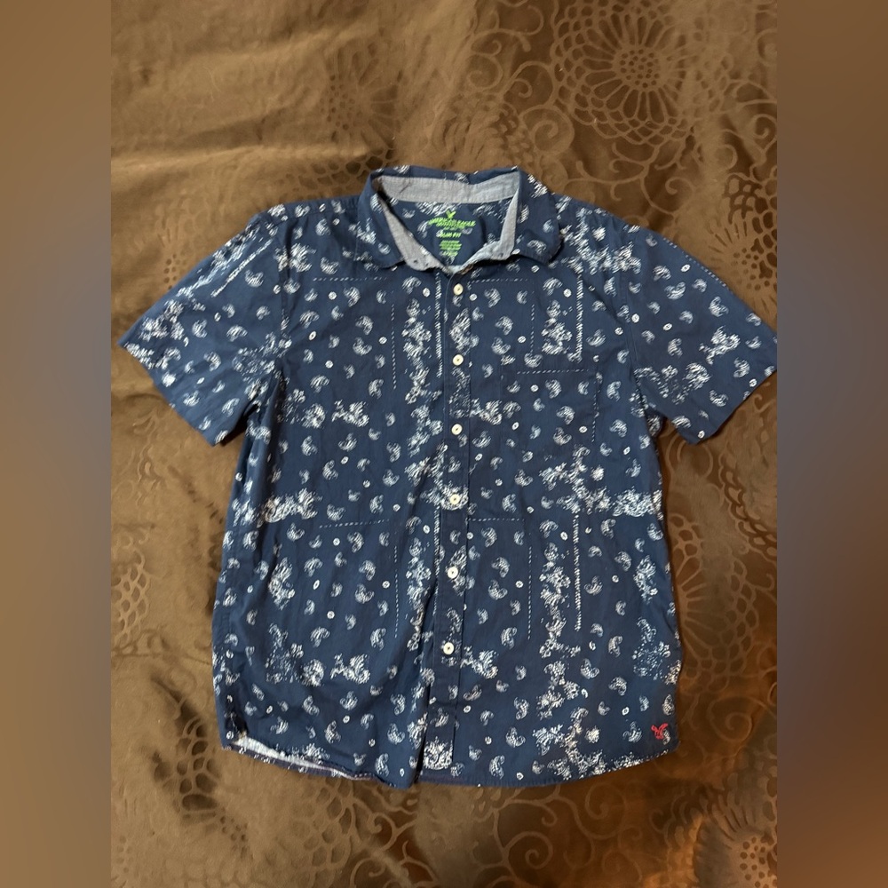 Men's American Eagle Outfitters Blue Patterned Short Sleeved Shirt Large